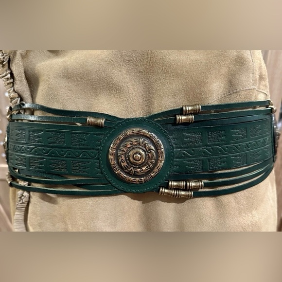 Vtg Western Tooled Green Leather Bead Belt Size M Avion International Spain - Picture 5 of 8